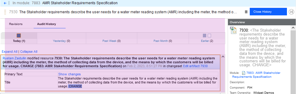 Interface of requirements specification audit history